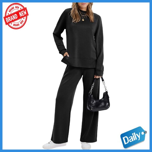 Soft Wide Leg Lounge Set Mock Neck Top Side Slit S-3XL